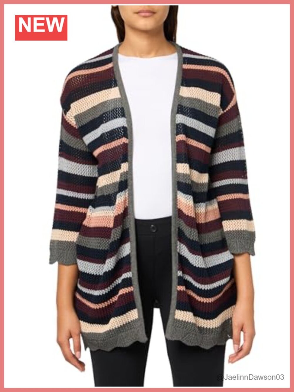 Women's Open Front Long Cardigan 3/4 Sleeve V-Neck Striped Sweater